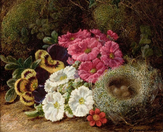 Primroses and a bird's nest on a mossy bank - George Clare — artwork view