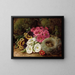 Primroses and a bird's nest on a mossy bank - George Clare — framed artwork on a wall