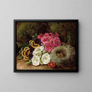 Primroses and a bird's nest on a mossy bank - George Clare — framed artwork on a wall