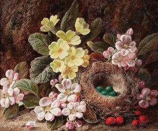 Still life with apple blossom flowers, primroses, and a bird's nest - George Clare — artwork view