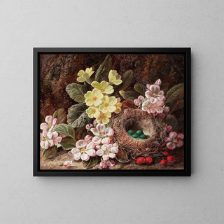 Still life with apple blossom flowers, primroses, and a bird's nest - George Clare — framed artwork on a wall
