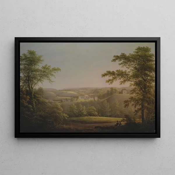 Easby Hall and Easby Abbey with Richmond Yorkshire in the background - George Cuitt the Elder — framed artwork on a wall