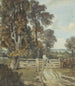 a rural path with a farm worker climbing a five-barrier fence - George Delamotte — artwork view
