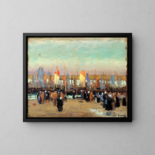 Scene of port with fishing boats - George Elmer Browne — framed artwork on a wall