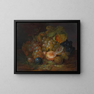 Still life with grapes, plums, and almonds - George Forster — framed artwork on a wall
