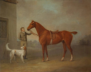 The chestnut gatherer by M. Yarburgh, Robin Hood, held by a groom with a dog in a landscape - George Haigh — artwork view