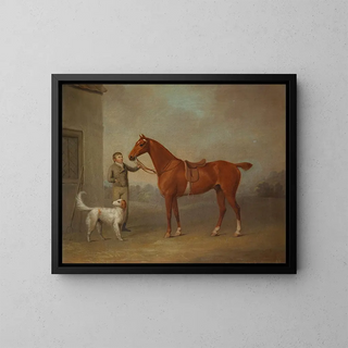 The chestnut gatherer by M. Yarburgh, Robin Hood, held by a groom with a dog in a landscape - George Haigh — framed artwork on a wall
