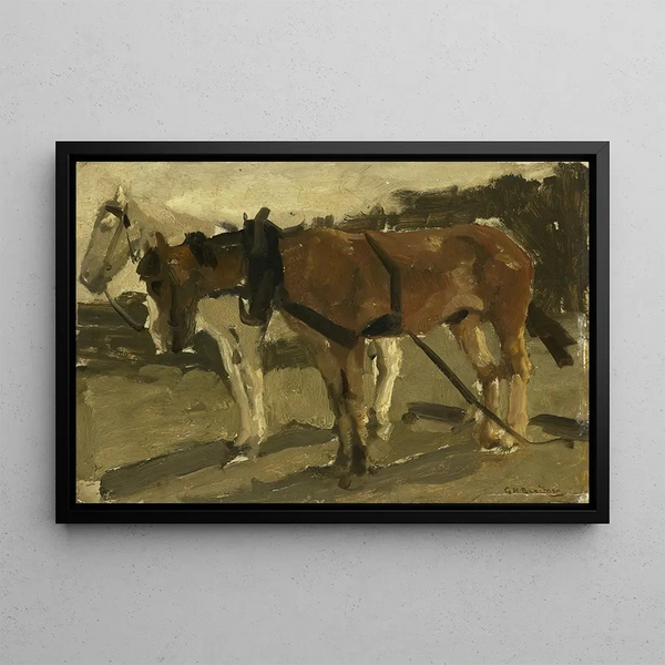 A brown horse and a white horse in Scheveningen - George Hendrik Breitner — framed artwork on a wall