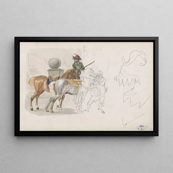 Three men and a boy near three horses - George Hendrik Breitner — framed artwork on a wall