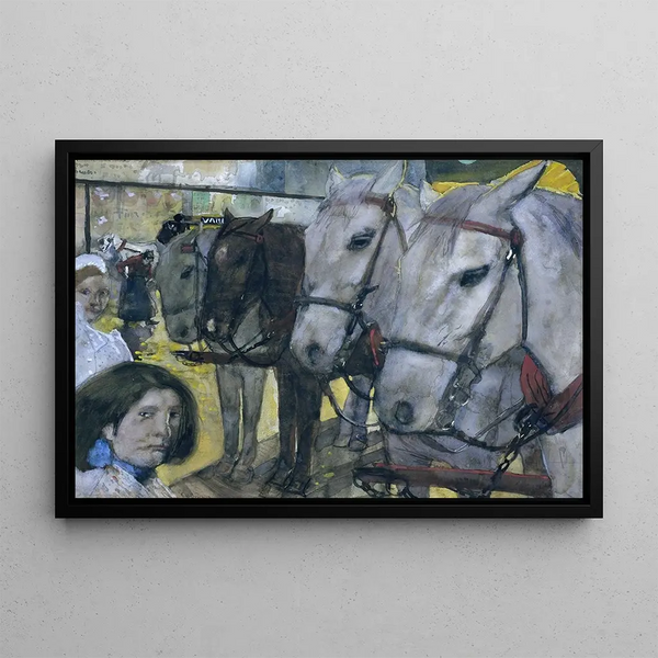 Horse-drawn carriage on Dam Square in Amsterdam - George Hendrik Breitner — framed artwork on a wall