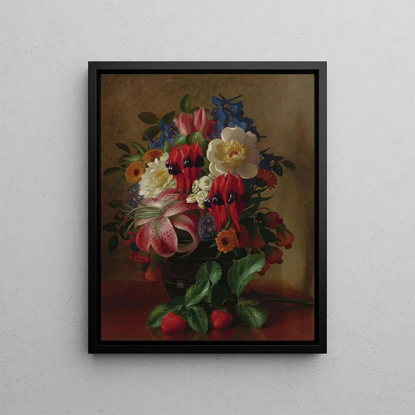 Nature morte aux fleurs et aux fraises - George Henry Hall — framed artwork on a wall