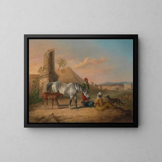 Jument arabe grise et son poulain avec une famille - George Henry Laporte — framed artwork on a wall