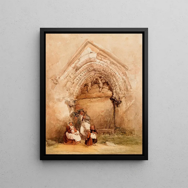 Characters near a door of Corfe Castle, Dorset - George Howse — framed artwork on a wall