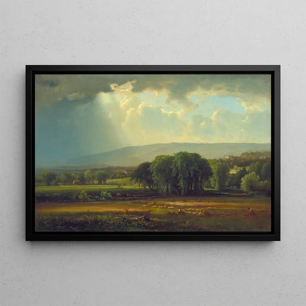 Scene of Harvest in the Delaware Valley - George Inness — framed artwork on a wall