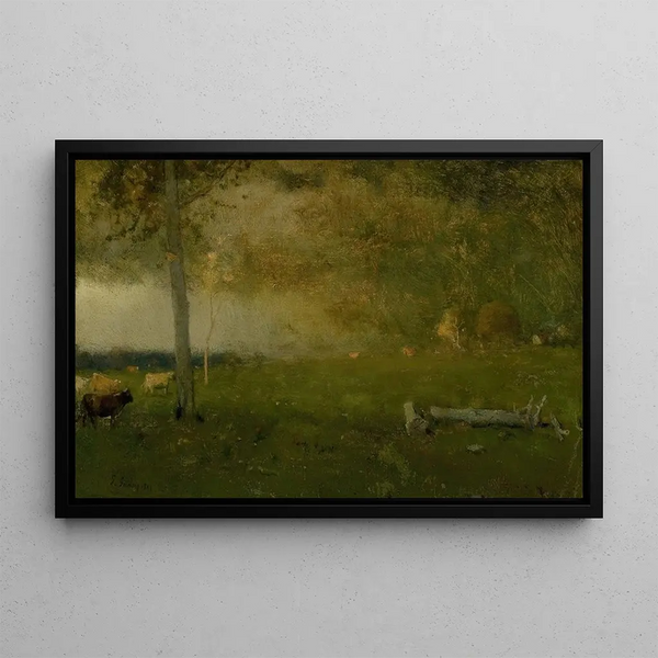 Landscape with Cattle in the Storm - George Inness — framed artwork on a wall