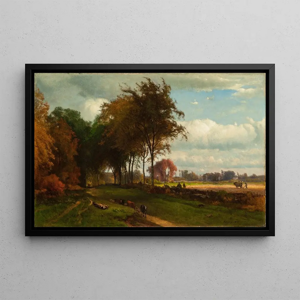 Landscape Painting with Livestock - George Inness — framed artwork on a wall