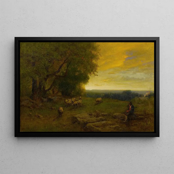 Berger et troupeau au coucher du soleil - George Inness — framed artwork on a wall