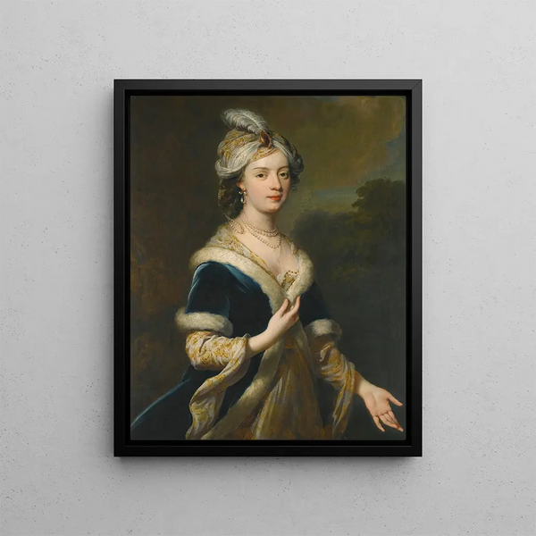 Portrait of Lady Elizabeth Howard 1701-1739 Eldest daughter of Charles Howard 3rd Earl of Carlisle in Turkish costume - George Knapton — framed artwork on a wall