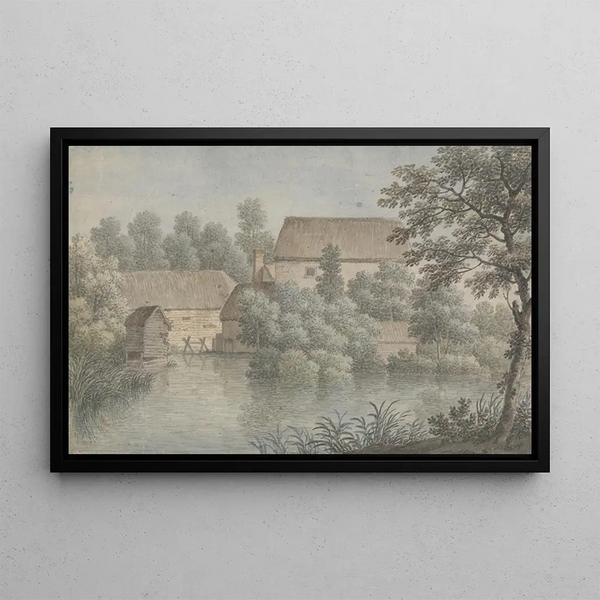 a village pond with farm buildings - George Lambert — framed artwork on a wall