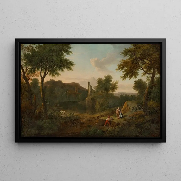 Italianate Landscape Painting with Manius Curius Dentatus and His Acolytes Rejecting the Gifts of the Samnites and Preferring Turnips - George Lambert — framed artwork on a wall