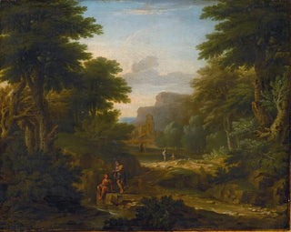 Landscape painting with figures resting near a stream - George Lambert — artwork view
