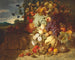 Raisins, peaches, a melon and other fruits on a stone frieze with a bird's nest - George Lance — artwork view