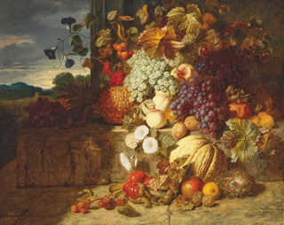 Raisins, peaches, a melon and other fruits on a stone frieze with a bird's nest - George Lance — artwork view