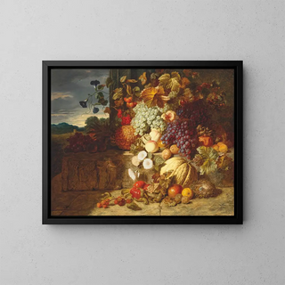 Raisins, peaches, a melon and other fruits on a stone frieze with a bird's nest - George Lance — framed artwork on a wall