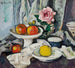 Apples in a white fruit bowl and a pink rose in a vase - George Leslie Hunter — artwork view