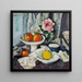 Apples in a white fruit bowl and a pink rose in a vase - George Leslie Hunter — framed artwork on a wall