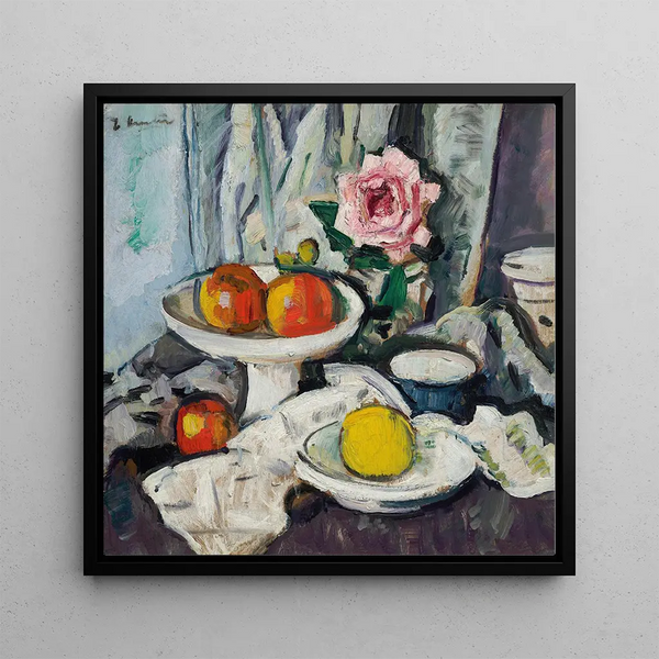 Apples in a white fruit bowl and a pink rose in a vase - George Leslie Hunter — framed artwork on a wall