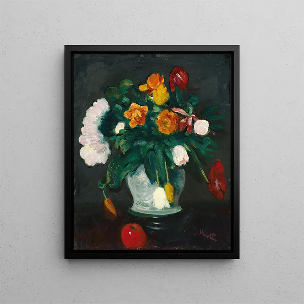 Flowers in a Vase and Apple - George Leslie Hunter — framed artwork on a wall