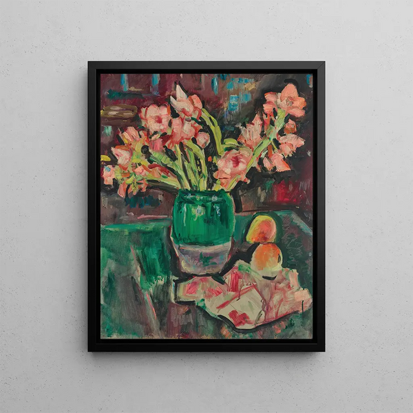 Glads in a Green Vase - George Leslie Hunter — framed artwork on a wall