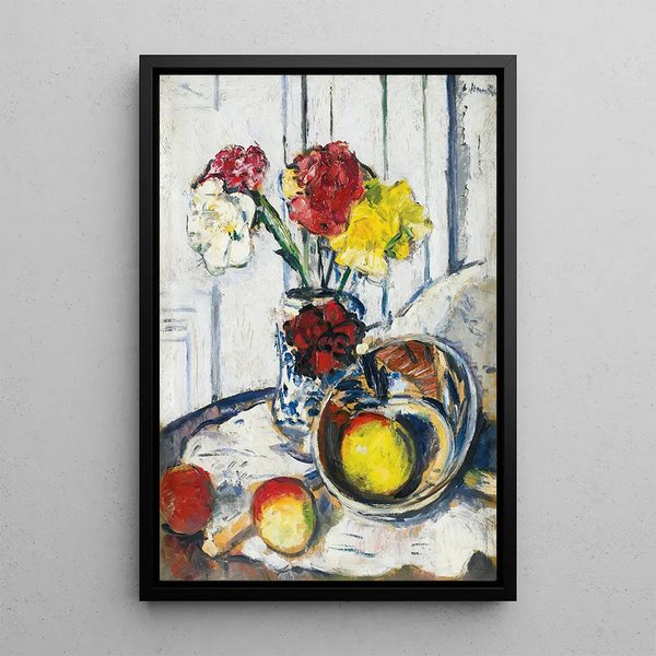 Still life with apples and flowers in a blue vase - George Leslie Hunter — framed artwork on a wall