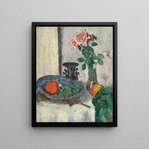 Still life with fruits and roses - George Leslie Hunter — framed artwork on a wall