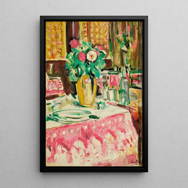 Still life with roses in an interior - George Leslie Hunter — framed artwork on a wall