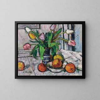 Tulips in a Blue Vase - George Leslie Hunter — framed artwork on a wall