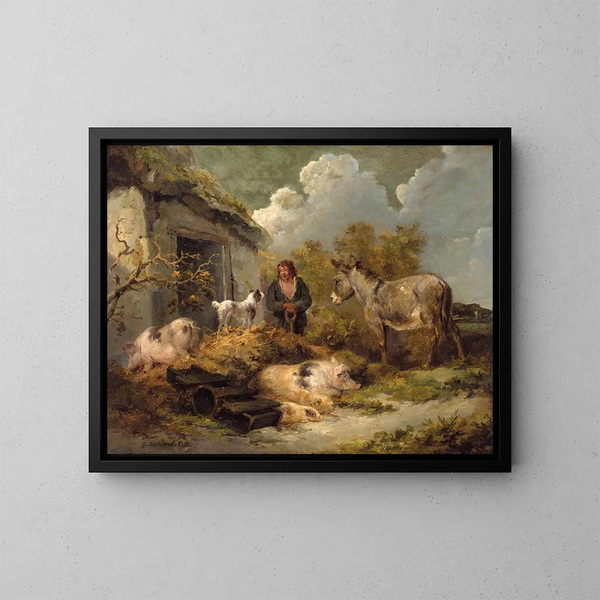 a Farmer Boy with a Donkey, Pigs, and a Shepherd Dog - George Morland — framed artwork on a wall