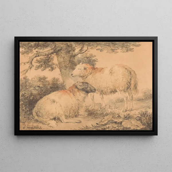 A ram and a ewe in a landscape - George Morland — framed artwork on a wall