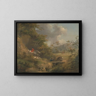 Hunting in hilly country - George Morland — framed artwork on a wall
