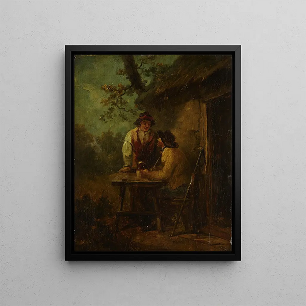 Peasants in front of a hut - George Morland — framed artwork on a wall