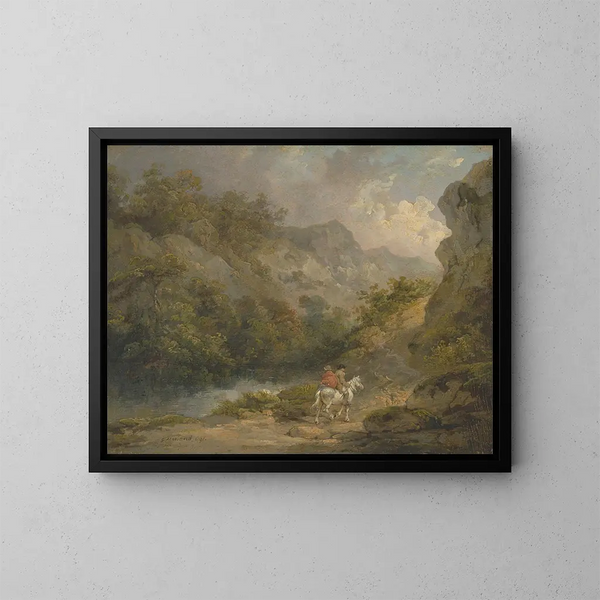 Rocky landscape with two men on a horse - George Morland — framed artwork on a wall