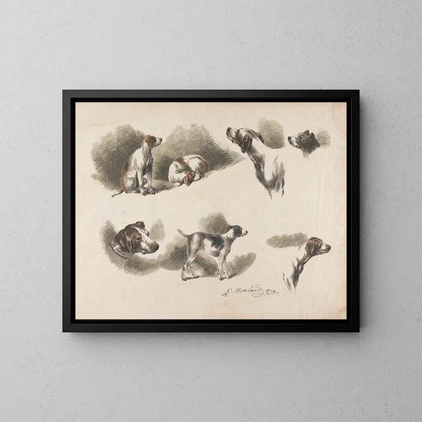 Seven studies on the dog - George Morland — framed artwork on a wall
