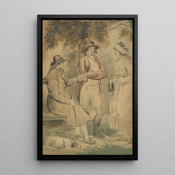 Three figures and a dog - George Morland — framed artwork on a wall
