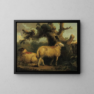 Two sheep in a landscape - George Morland — framed artwork on a wall