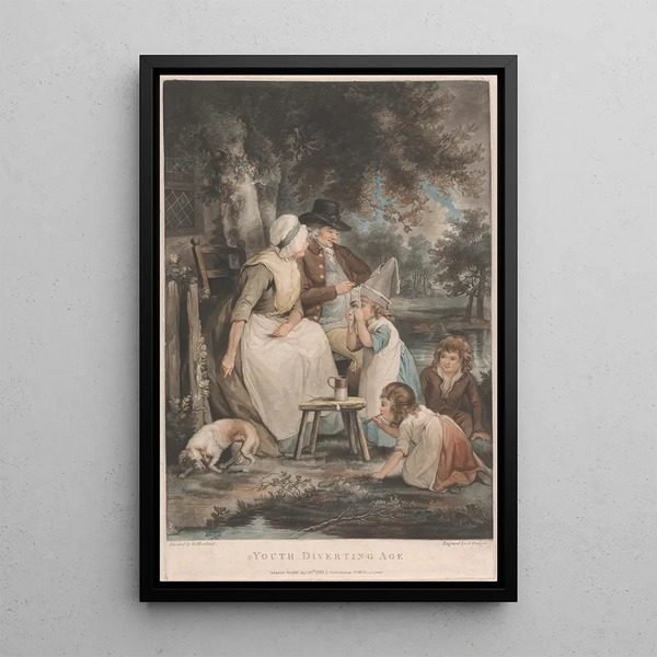 La jeunesse divertissant la vieillesse - George Morland — framed artwork on a wall