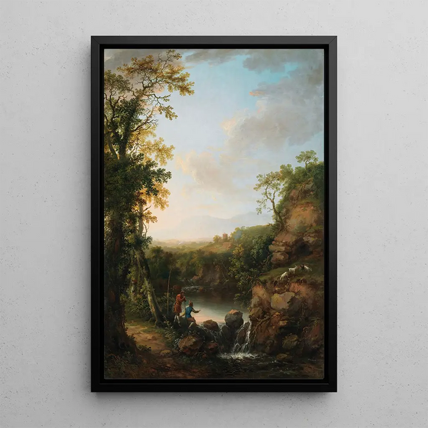River landscape painting with fisherman - George Mullins — framed artwork on a wall