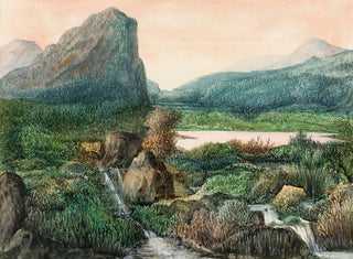 a mountainous landscape with a lake and waterfalls - George Sand — artwork view