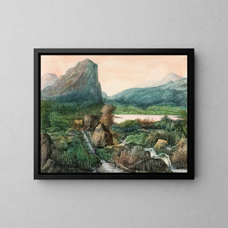 a mountainous landscape with a lake and waterfalls - George Sand — framed artwork on a wall