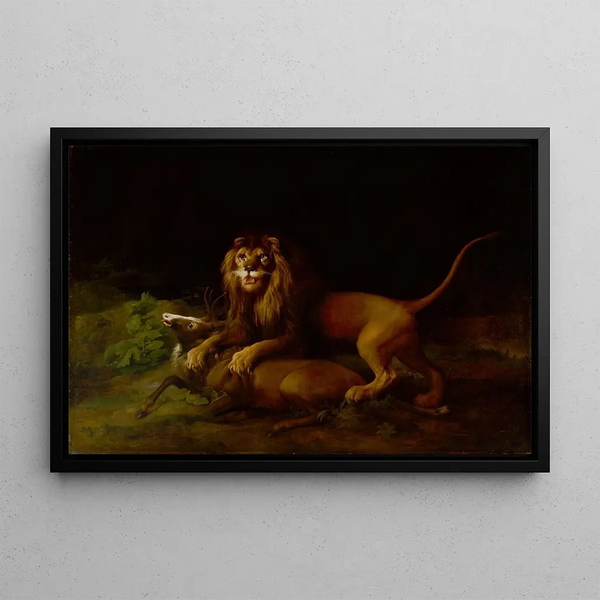 a lion attacking a deer - George Stubbs — framed artwork on a wall